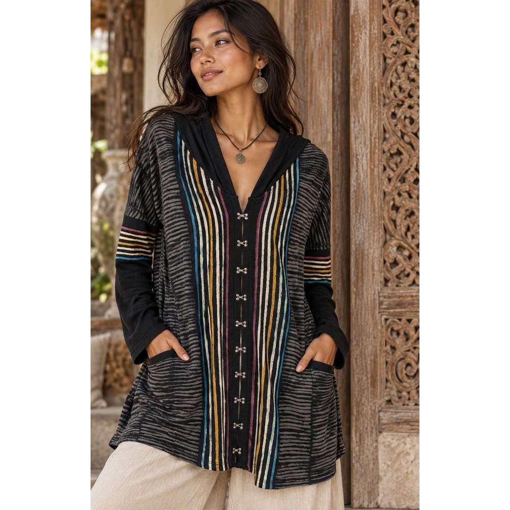 Barbara Lesser Hooded Cardigan M USA Striped Cotton Art-to-Wear Boho Lagenlook